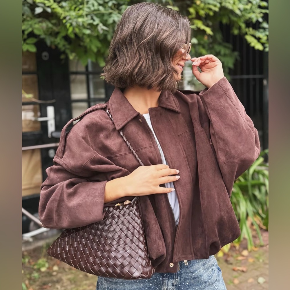 Women's Oversized Faux Suede Bomber Jacket - Plum